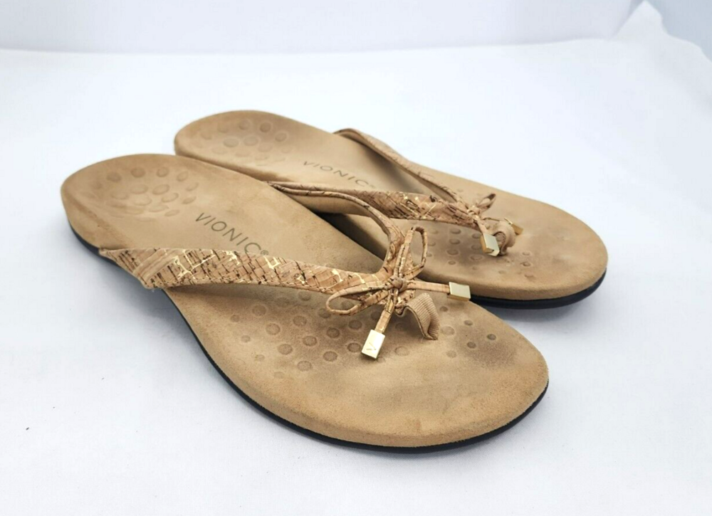 Vionic Bella 10 W/Wide Flip Flop Comfort Thong Sandals Tan/Gold Cork Bow Used